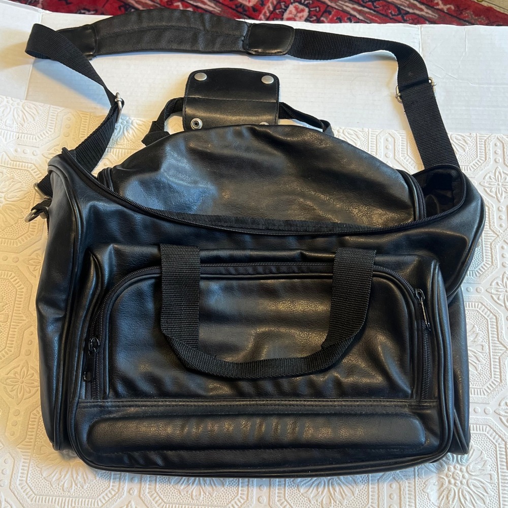 Black Faux Leather Multi Pocket Duffel Bag Travel Gym Weekender with Strap